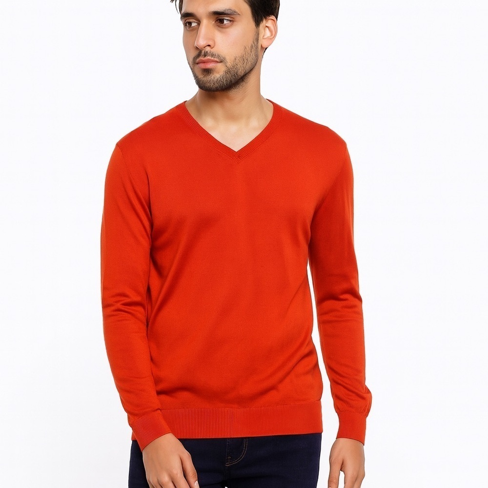COS men’s wool silk orange v neck sweater size large FLAWED lightweight slim fit